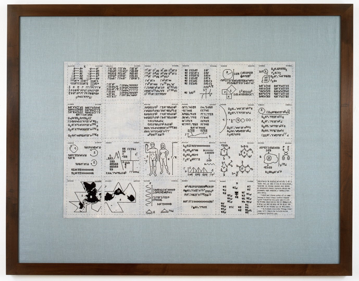Elaine Reichek, SETI, 2004, hand embroidery on linen, 101,6 x 144,8 cm (40 x 57 in.)