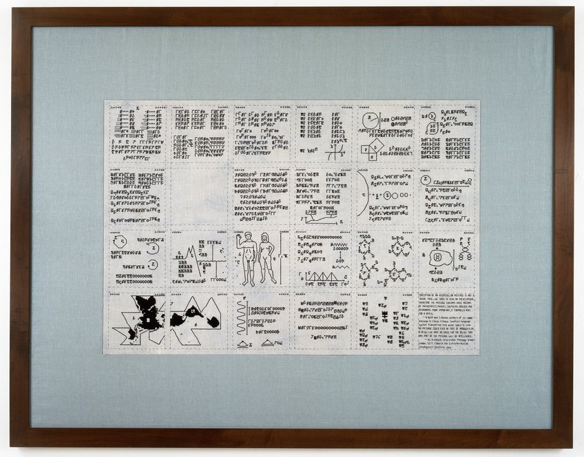 Elaine Reichek, SETI, 2004, hand embroidery on linen, 101,6 x 144,8 cm (40 x 57 in.) Framed artwork featuring abstract symbols and text in a grid layout, framed with a wooden border.