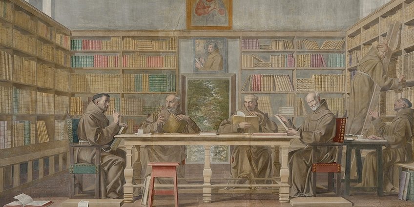 Emanuele da Como, Affresco dell'Aula Maxima (Foto Bibliotheca Hertziana) Mönche in einer Bibliothek mit zahlreichen Regalen voller Bücher.