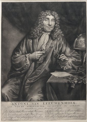 Jan Verkolje, Portrait of Antoni van Leeuwenhoek, 1686. Mezzotint. 296 × 227 mm. London, Royal Society archives. Jan Verkolje, Portrait of Antoni van Leeuwenhoek, 1686. Mezzotint. 296 × 227 mm. London, Royal Society archives.