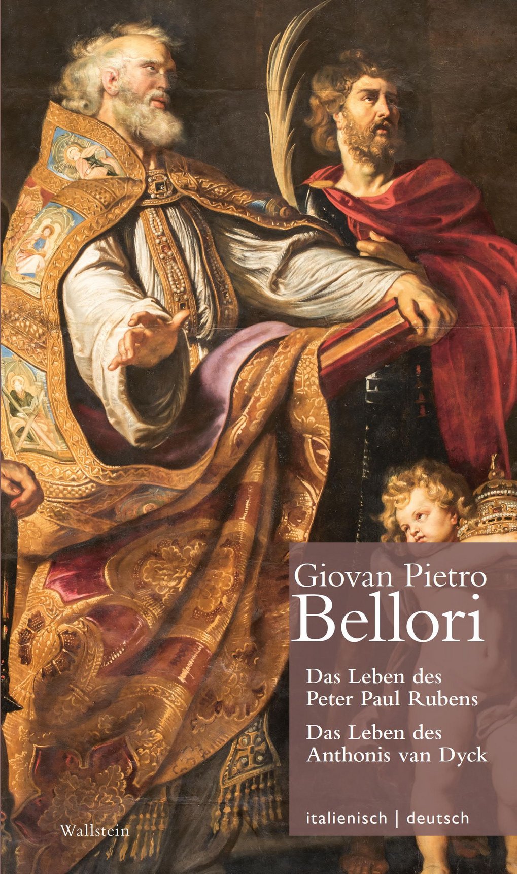 Ornate robes and feather adornments on Giovan Pietro Bellori's book cover; titles in German and Italian.