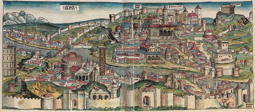Veduta di Roma in Hartmann Schedel, Liber Chronicarum, Norimberga 1493 (Foto Wikimedia Commons)