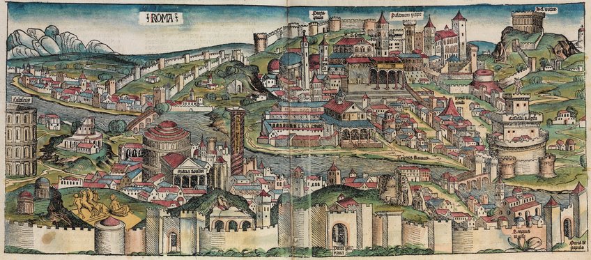 Veduta of Rome from Hartmann Schedel, Nuremberg Chronicle, Nuremberg 1493 (Photo Wikimedia Commons) Veduta of Rome from Hartmann Schedel, Nuremberg Chronicle, Nuremberg 1493 (Photo Wikimedia Commons)