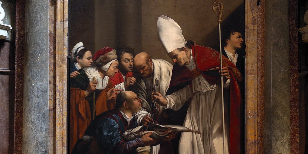 Clergyman in red and white robes holds a staff, surrounded by people in historical attire.