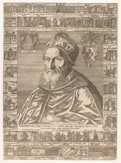 Portrait of Pope Gregory XIII surrounded by events occurred and buildings erected during his pontificate, engraving, ca. 1582-1585. Rijksmuseum Amsterdam, inv. RP-P-2005-331