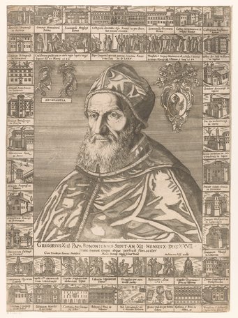 Ritratto di Papa Gregorio XIII circondato da avvenimenti e da edifici eretti durante il suo pontificato, incisione, ca. 1582-1585. Rijksmuseum Amsterdam, inv. RP-P-2005-331 Ritratto di Papa Gregorio XIII circondato da avvenimenti e da edifici eretti durante il suo pontificato, incisione, ca. 1582-1585. Rijksmuseum Amsterdam, inv. RP-P-2005-331