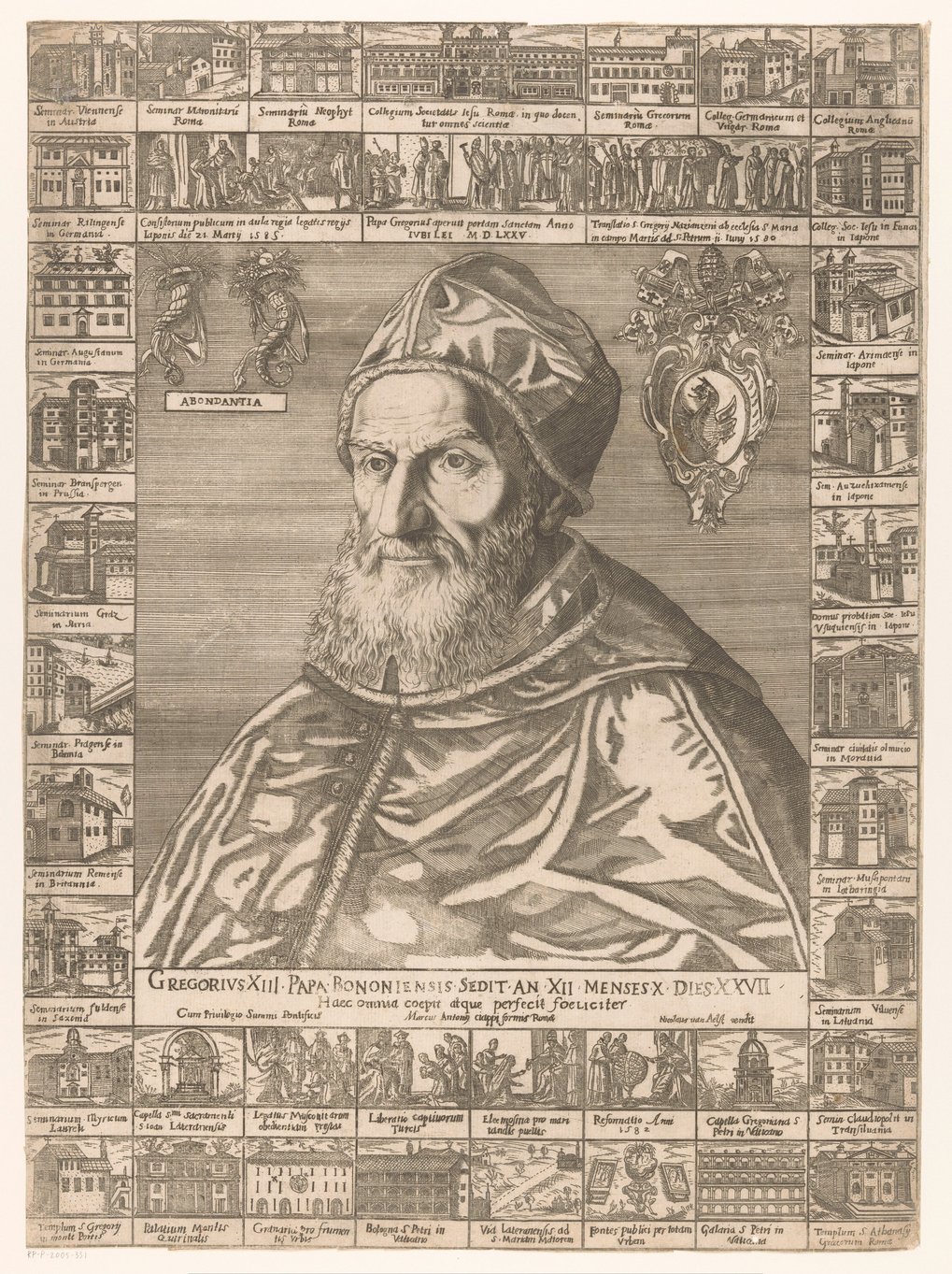 Engraving of Pope Gregory XIII surrounded by various architectural and heraldic elements.