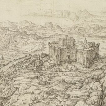Jan van Stinemolen, Panorama of Naples, 1582 (detail) Ancient fortress surrounded by rugged landscape and distant mountains.