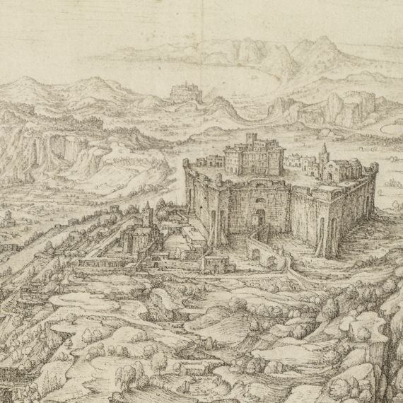 Ancient fortress surrounded by rugged landscape and distant mountains.