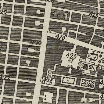 Giovanni Carafa Duca di Noja, "Mappa topografica della città di Napoli e de' suoi contorni", 1775 (Detail) Historische Stadtkarte mit nummerierten Straßen und Gebäuden, geometrisch angeordnet.