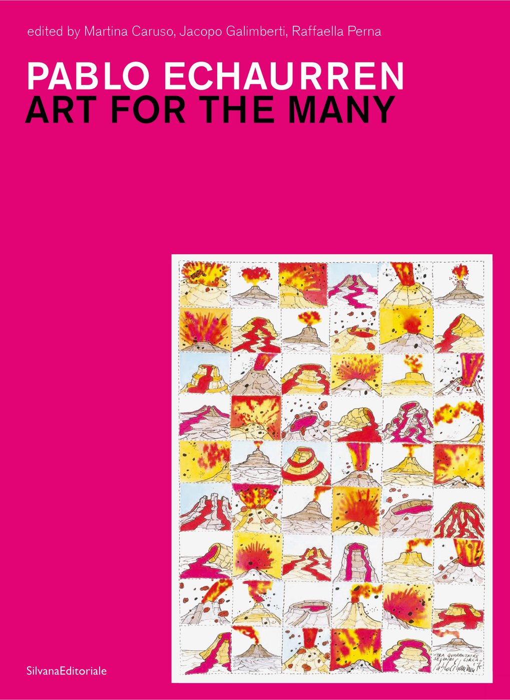 Pinkes Buchcover von Pablo Echaurren, „Art for the Many“, mit Vulkanskizzen.