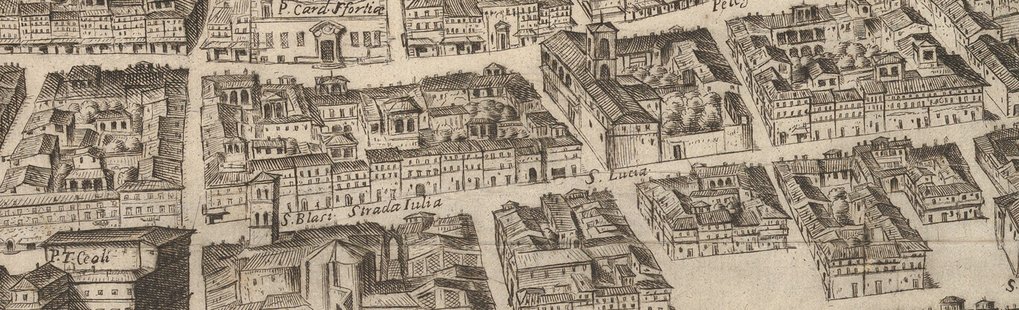 Historischer Stadtplan mit Gebäuden und Straßen.