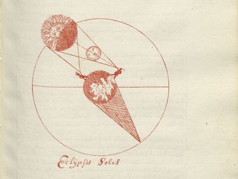© Leiden University Libraries, MS BPL 3018, f. 152r. Diagramm einer Sonnenfinsternis, im Notizbuch des Studenten Johannes Knotter (Leuven, 1683) Illustration einer Sonnenfinsternis mit Sonne, Mond und Erde in einem geometrischen Schema.