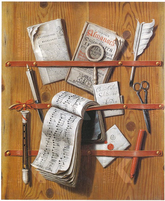 Edwaert Collier, Trompe l'oeil-Briefhalter mit Flöte (ca. 1704). Oil painting on canvas. Staatliches Museum Schwerin   