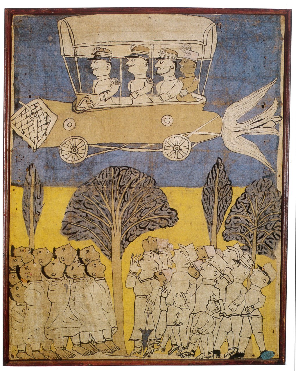 An airship carrying uniformed individuals flies over a crowd of spectators standing in a scenic area with trees.