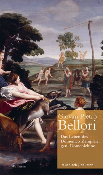 Classical painting with figures in nature, title "Giovan Pietro Bellori" and text on book cover.