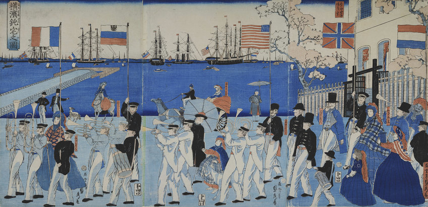 Utagawa (Gountei) Sadahide: Yokohama dontaku no zu (Yokohama am Sonntag), 1861. Farbholzschnitttriptychon, 36,2 × 73,5 cm. © Staatliche Museen zu Berlin, Museum für Asiatische Kunst, Foto: Courtesy Art Research Center, Ritsumeikan University, Kyoto