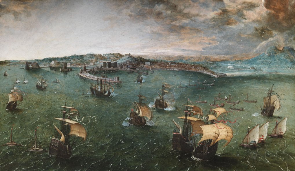 Numerous ships with billowing sails navigate toward a fortified coastline, surrounded by turbulent waters and cloudy skies.
