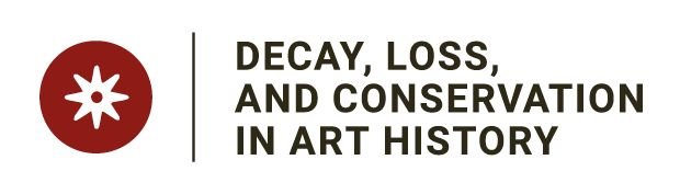 Red circle with eight-pointed star; text: Decay, Loss, and Conservation in Art History.