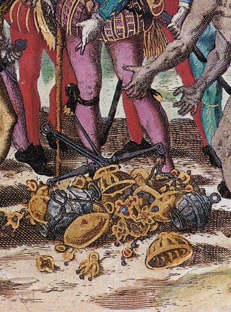 Gold objects and jewel-encrusted items scattered on the ground, with figures in ornate, colorful clothing standing around, some reaching towards the treasure.