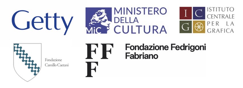 Array of logos featuring Getty, Ministero della Cultura, Istituto Centrale per la Grafica, Fondazione Camillo Caetani, Fondazione Fedrigoni Fabriano.