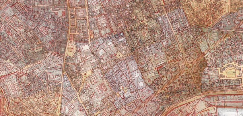 Sovrapposizione: Catasto Storico d'Impianto (1895–1905), Pianta di Napoli di Federico Schiavoni (1872–1880), Mappa Topografica della città di Napoli e de' suoi contorni di Giovanni Carafa Duca di Noja (1750–1775) e Db Topografico (1992) (dettaglio) Sovrapposizione: Catasto Storico d'Impianto (1895–1905), Pianta di Napoli di Federico Schiavoni (1872–1880), Mappa Topografica della città di Napoli e de' suoi contorni di Giovanni Carafa Duca di Noja (1750–1775) e Db Topografico (1992) (dettaglio)