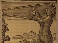 A historical engraving shows a man using a large telescope, with mountains and a distant castle in the background.