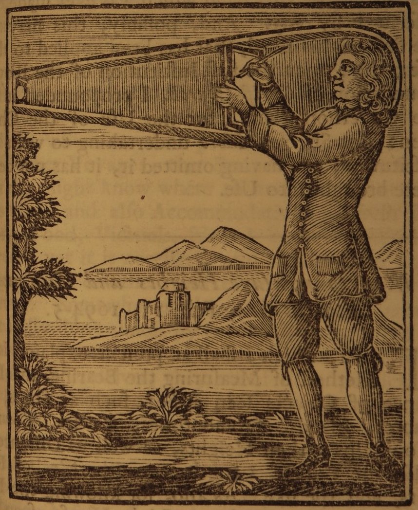 Woodcut illustration of Robert Hooke’s design for the “Picture Box”, from Philosophical Experiments and Observations of the Late Eminent Dr. Robert Hooke, ed. W. Derham, London 1726 Person using a long telescope, landscape with mountains and castle in background.