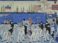 Asian color woodcut triptych depicting many people.