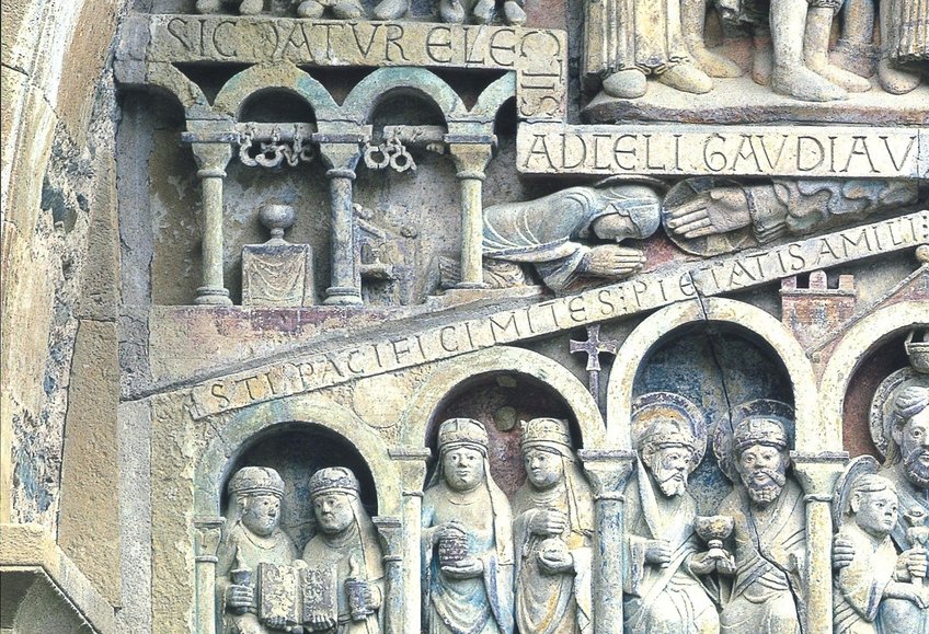 Detail of the Last Judgment tympanum above the western entrance of the abbey church of Conques, around 1100, Conques-en-Rouergue Detail of the Last Judgment tympanum above the western entrance of the abbey church of Conques, around 1100, Conques-en-Rouergue