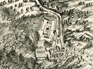 Detailed map shows a fortified structure surrounded by trees and pathways.