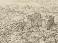 Medieval fortress surrounded by rugged hills and distant mountains.