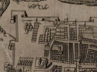 Historische Stadtansicht mit Gebäuden und Landschaftselementen.