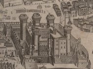 Historische Zeichnung einer mittelalterlichen Burg mit vier hohen Türmen und umliegenden Stadtstrukturen.