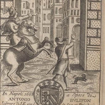 Frontispiece of Pompeo Samelli, Guida de’ forestieri curiosi di vedere, e d’intendere le cose più notabili della regal città di Napoli…, Naples 1688 (photo Public Domain) Engraving of an archway leading to a city with figures and a coat of arms.