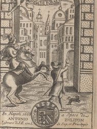 Historical archway with figures, horse, and dog, cityscape visible through arch.