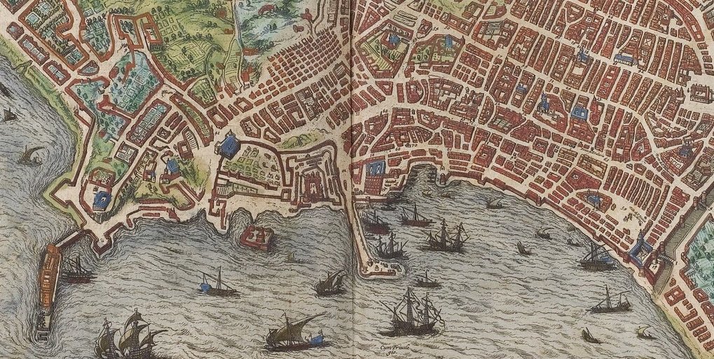 Historical map of a coastal city with ships in the harbor.