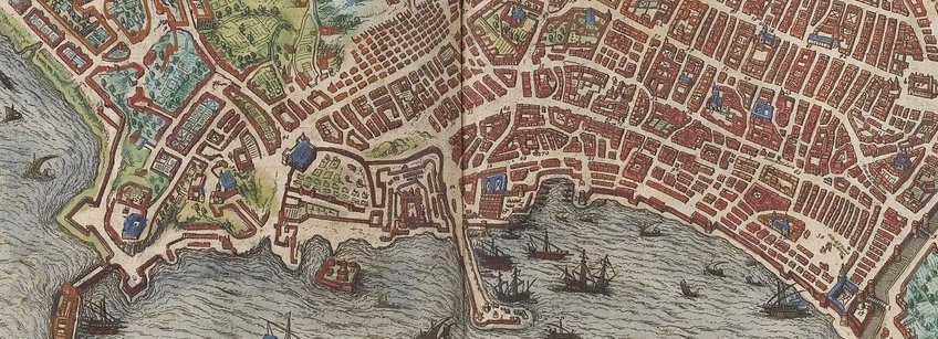 Foreign Communities in the Port Area of Naples Historical map of a coastal city with ships in the harbor.