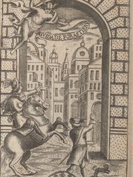 Stadtansicht durch Torbogen, Menschen und Pferd, Engel mit Schriftrolle.