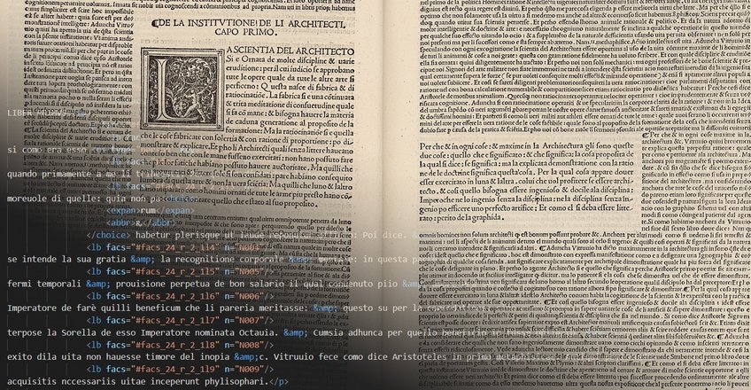 Page from Cesare Cesariano : Di lucio
Vitruvio Pollione De Architectura Libri Decem
(BHMPI) 1521 - Graphic Elaboration The image is a composition of a page digitization and code to illustrate the topic of the conference