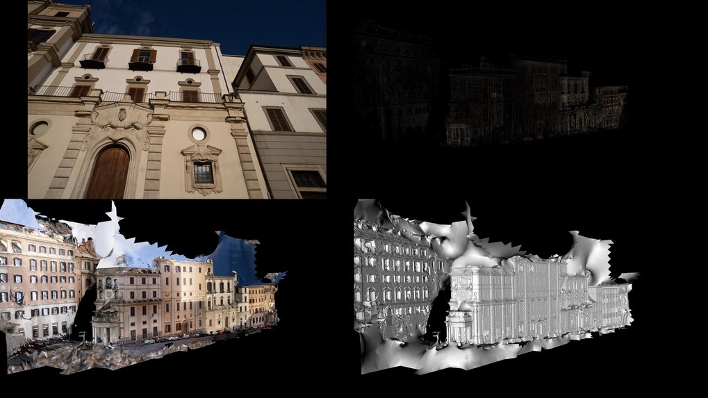 Mesh model of the exterior of the Hertziana and zoomed-in view on the entrance portal, combining photogrammetry and LiDAR scan. April 2026 state. The mesh is currently being cleaned and combined with roof scans