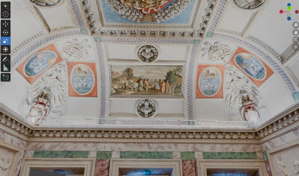Digital partial reconstruction of the original decorative scheme of Villa Lante al Gianicolo, combining photogrammetric mesh models of the now-empty&nbsp;gran sala&nbsp;of Villa Lante and the frescoes stored at the Hertziana (view 2). March 2026 state